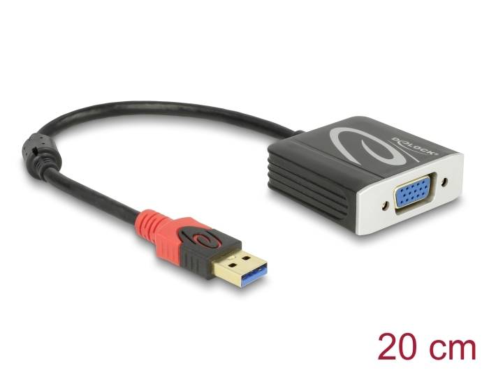 Czarny kabel adapter USB do VGA, o długości 20 cm, z czerwonym i niebieskim wtykiem USB oraz szarą obudową do podłączenia do komputera.