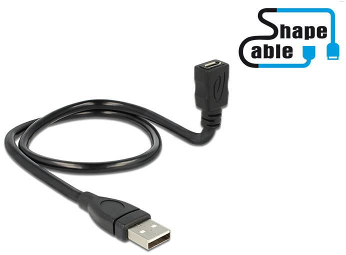 Czarny kabel USB z złączem w kształcie litery L oraz elastyczną konstrukcją jest przedstawiony na zdjęciu. W prawym górnym rogu widoczne jest logo 'Shape Cable'.