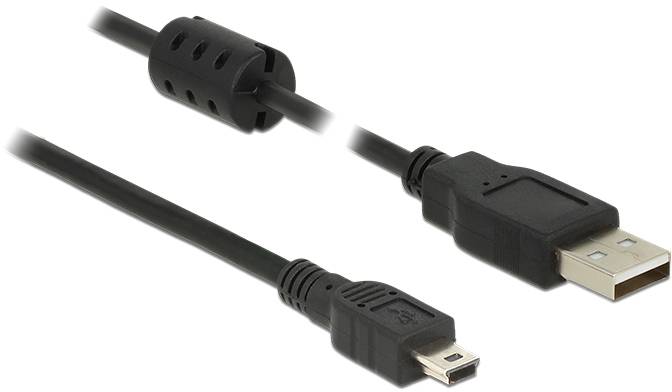 Czarny kabel USB z wtyczką standardową USB i wtyczką mini USB, odpowiedni do przesyłania danych i zasilania.