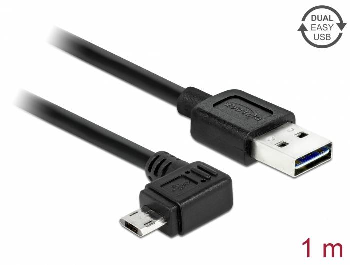 Czarny kabel USB z wtyczką USB-A i kątem prostym na końcu wtyczki Micro-USB, długości 1 metra.