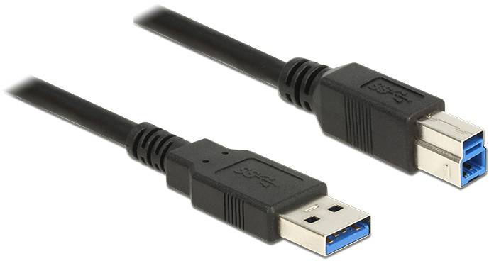 Dwa czarne kable USB, jeden z wtyczką Typ-A, a drugi z wtyczką Typ-B, na białym tle.