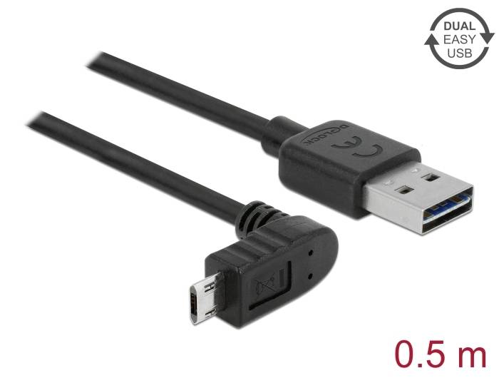 Czarny kabel USB z podwójnym złączem Easy USB i kątowym złączem Micro USB, długość 0,5 m.