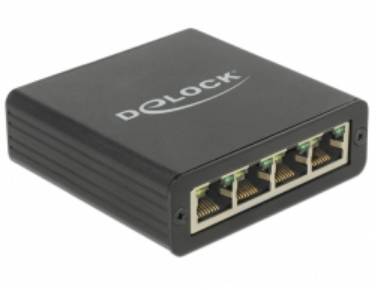 Rozdzielacz Ethernet 'DeLOCK' w kolorze czarnym z czterema portami. Urządzenie przeznaczone do dystrybucji dostępu do sieci na wiele urządzeń.