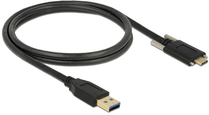 Czarny kabel USB z wtyczką USB-A i wtyczką USB-C, odpowiedni do przesyłania danych i ładowania urządzeń.
