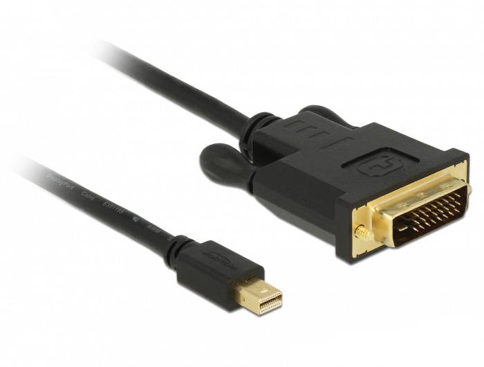 Kabel DVI do Mini DisplayPort, czarny, z dużą prostokątną wtyczką po prawej stronie i mniejszą wtyczką po lewej stronie.