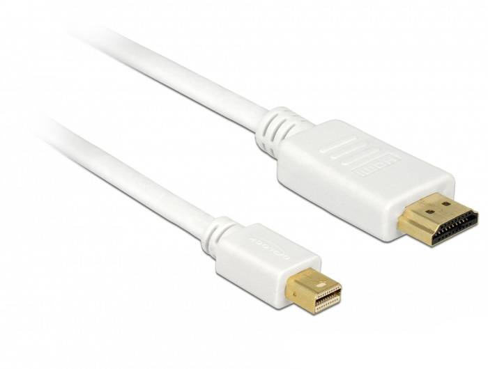 Białe złącze kablowe z wtykiem Mini-DisplayPort na wtyk DisplayPort, odpowiednie do przesyłania sygnału audio i wideo między urządzeniami.