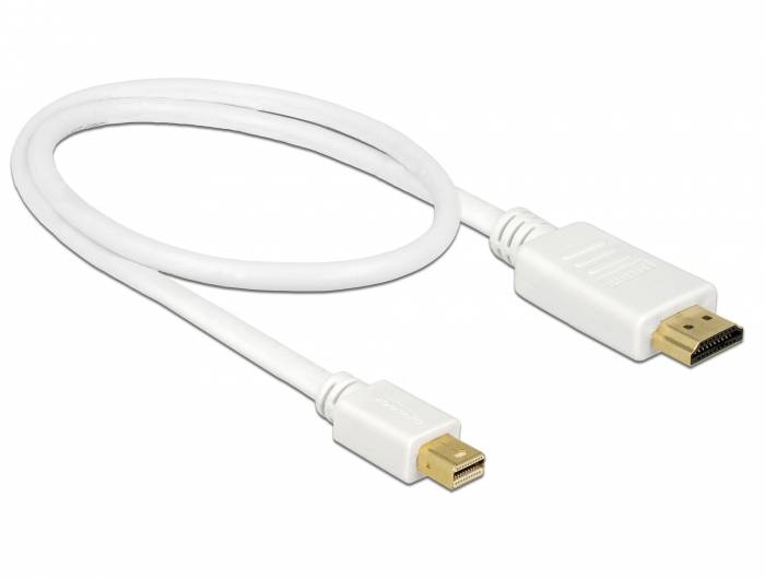 Białowy kabel HDMI z złączem Mini-HDMI po jednej stronie i standardowym złączem HDMI po drugiej stronie, izolowany na białym tle.