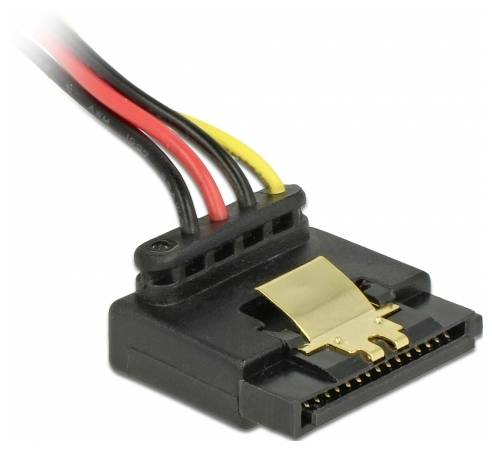 Czarny wtyk zasilania SATA z czerwonymi, żółtymi i czarnymi przewodami, gotowy do podłączenia do nośnika danych.