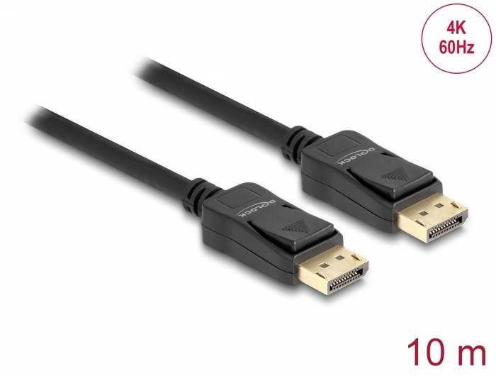 Czarny kabel DisplayPort o długości 10 metrów, kompatybilny z rozdzielczością 4K przy 60 Hz. Dwa wtyki ze złoconymi stykami, umieszczone obok siebie.