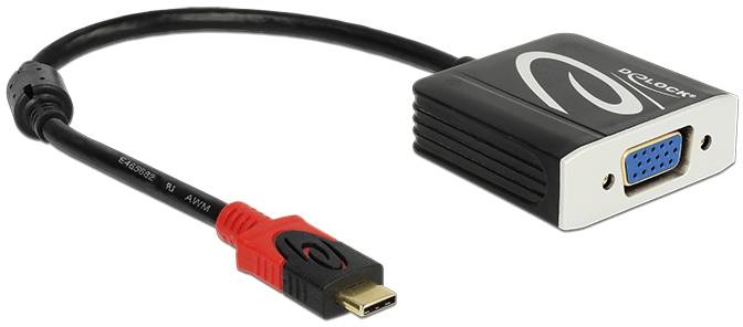Czarno-czerwony adapter z wtyczką Mini-HDMI z jednej strony i złączem VGA z drugiej strony, przeznaczony do przesyłania sygnału wideo.
