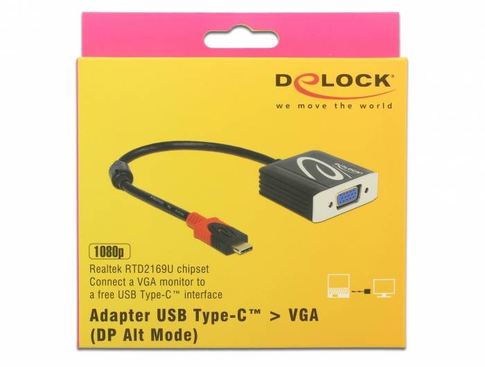 Opakowanie adaptera Delock USB Type-C na VGA pokazuje obraz adaptera oraz szczegóły techniczne, takie jak '1080p' i 'Układ scalony Realtek RTD2169U'.
