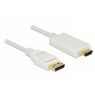 Biały kabel z wtyczką DisplayPort po lewej stronie i wtyczką HDMI po prawej stronie, odpowiedni do transmisji wideo.