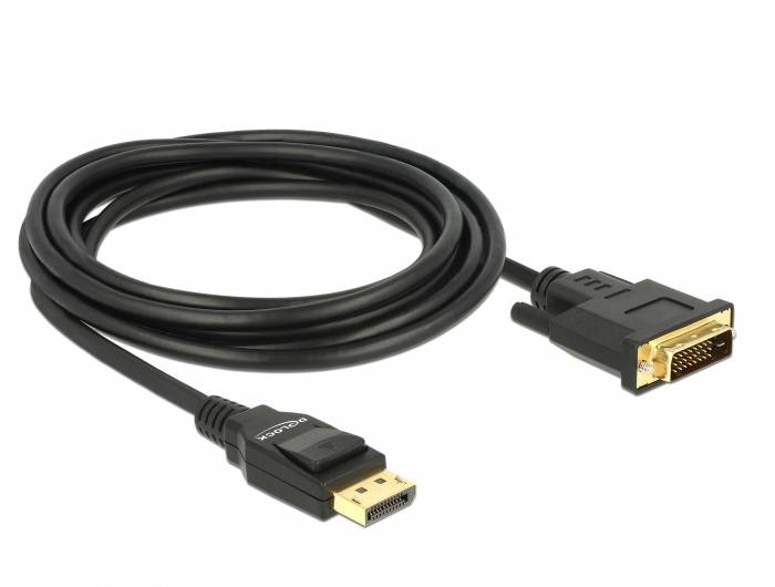 Czarny kabel z wtyczką DisplayPort po jednej stronie i wtyczką DVI po drugiej stronie.