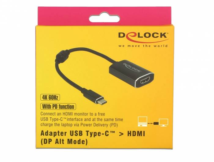 Adapter Delock 4K 60Hz USB Type-C na HDMI - opakowanie prezentuje adapter do wyświetlaczy, obsługujący technologię Power Delivery. Idealny do laptopów.