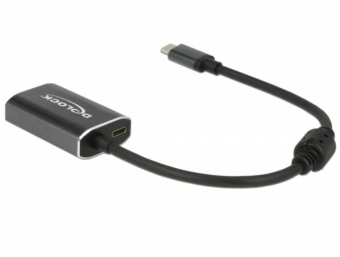 Adapter USB-C na HDMI firmy Delock w kolorze czarnym, przeznaczony do podłączenia komputera z wyświetlaczem obsługującym standard HDMI.