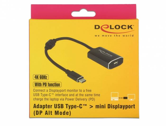 Opakowanie adaptera Delock: USB Type-C do Mini DisplayPort, 4K 60Hz, funkcja PD. Połączenie między laptopem a monitorem.