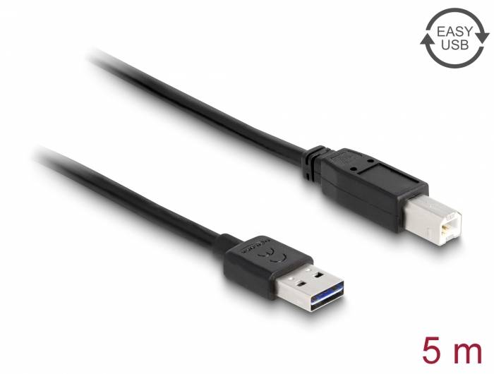 Kabel USB, 5 metrów długości, z wtyczkami USB Typ-A i USB Typ-B. Odpowiednie do podłączenia drukarki lub podobnych urządzeń.