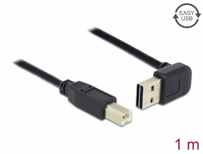 Kabel USB, 1 metr, z wtyczką USB-A i kątową wtyczką USB-B. Odpowiednie do połączeń między urządzeniami.
