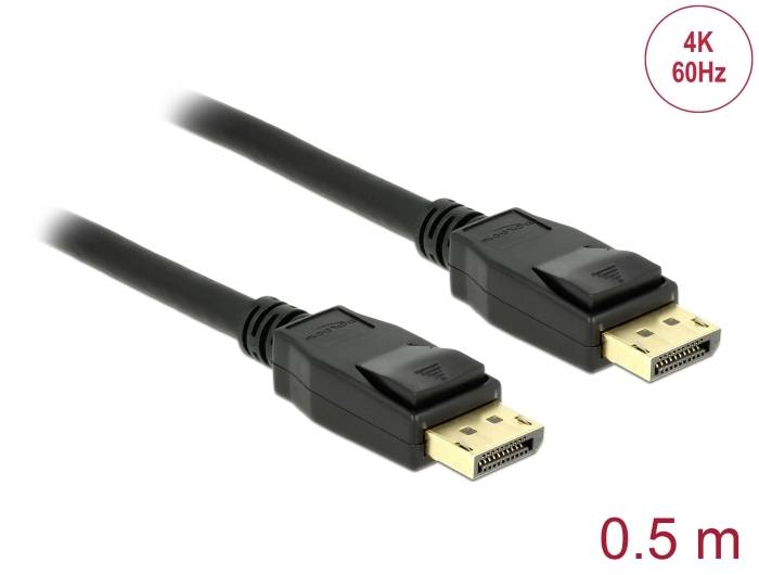 Kabel DisplayPort o długości 0,5 m, odpowiednie dla rozdzielczości 4K przy 60 Hz, z czarnymi wtyczkami na obu końcach.