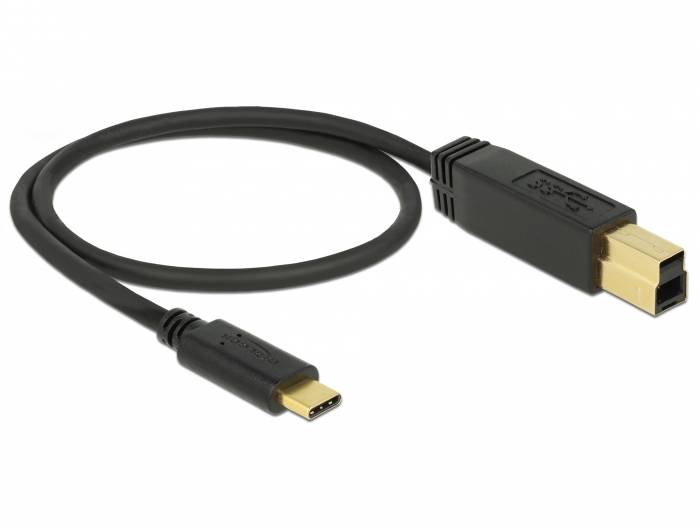 Kabel USB z wtyczką USB-C i wtyczką USB-B, używane do podłączania urządzeń do komputerów lub urządzeń peryferyjnych.