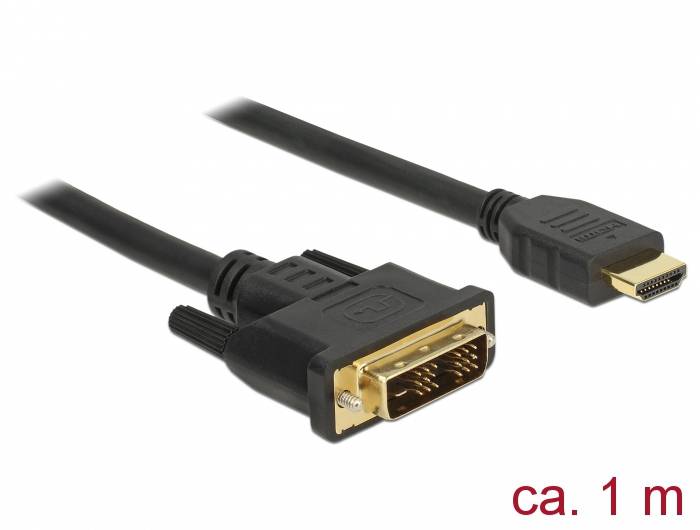 Kabel z wtyczką DVI po lewej stronie i wtyczką HDMI po prawej stronie; długość wynosi około 1 metra.