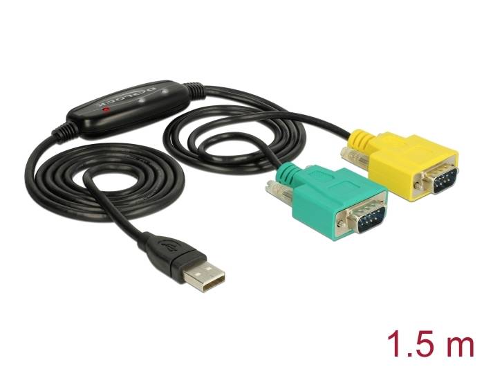 Przewód przełącznika KVM z złączem USB i dwoma wtyczkami VGA, oznaczony kolorystycznie na zielono i żółto. Długość 1,5 metra.