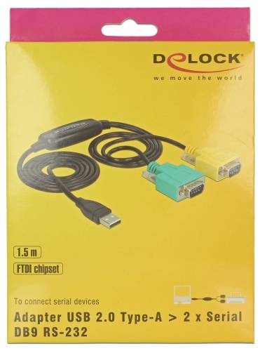 Opakowanie adaptera USB 2.0 Type-A na dwa porty szeregowe DB9 RS-232, o długości 1,5 m, z chipsetem FTDI, przeznaczonego do podłączania urządzeń szeregowych.