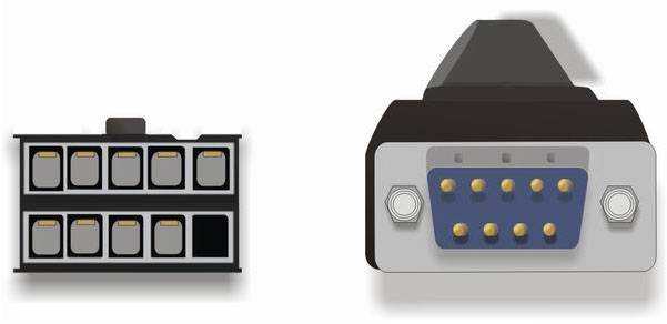 'Ilustracja dwóch złączy: Po lewej prostokątne złącze komputerowe z ośmioma stykami; po prawej wtyk DB9 z dziewięcioma pinami.'
