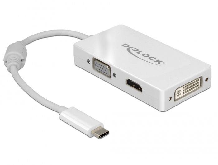 Adapter z gniazdem USB-C, złączami VGA, HDMI i DVI umożliwia podłączenie różnych urządzeń do komputera.