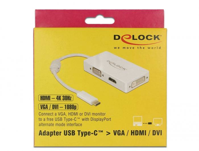Adapter USB Type-C™ do VGA/HDMI/DVI firmy Delock, pokazujący złącza VGA, HDMI i DVI. Wykorzystuje interfejs USB Type-C™.