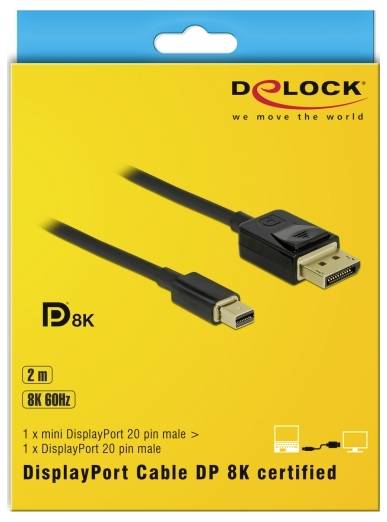 Opakowanie czarnego kabla DisplayPort, certyfikowanego dla 8K. Wyróżnione cechy to długość 2 metrów oraz obsługa 8K 60Hz.