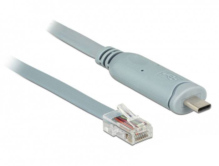Szary kabel z wtyczką USB-C i złączem RJ-45, stosowany do połączeń sieciowych lub transmisji danych.