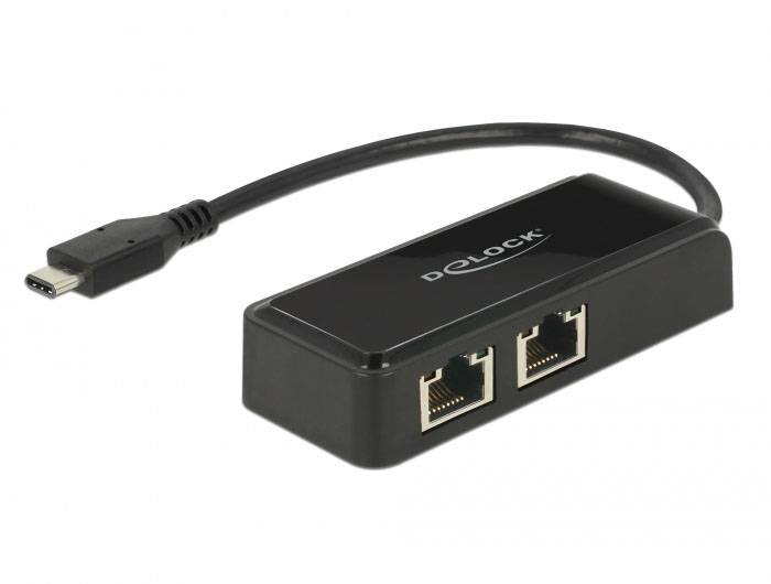 Adapter USB-C z dwoma portami Ethernet, w czarnym designie, marki 'Delock', służący do połączenia sieciowego przez port USB-C.