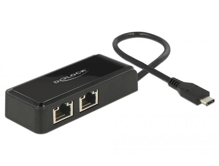 Adapter sieciowy z dwoma złączami Ethernet i jednym złączem USB-C. Rozwiązanie połączeniowe dla urządzeń pozbawionych portu Ethernet.