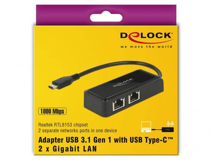Adapter USB 3.1 Gen 1 z USB Type-C do 2 x Gigabit LAN na żółtym opakowaniu. Nazwa marki 'Delock' u góry, 1000 Mbps, Chipset Realtek RTL8153.