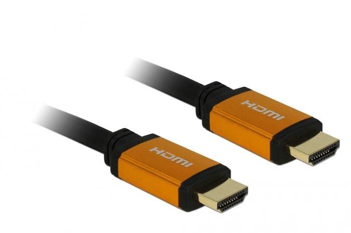 Dwa pomarańczowe wtyki kabla HDMI są widoczne obok siebie.