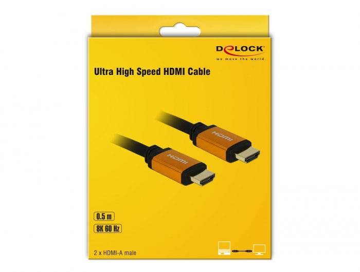 Opakowanie kabla HDMI Ultra High Speed firmy Delock, o długości 0,5 m, obsługujący rozdzielczość 8K przy 60 Hz, wyposażony w 2 wtyki HDMI-A.