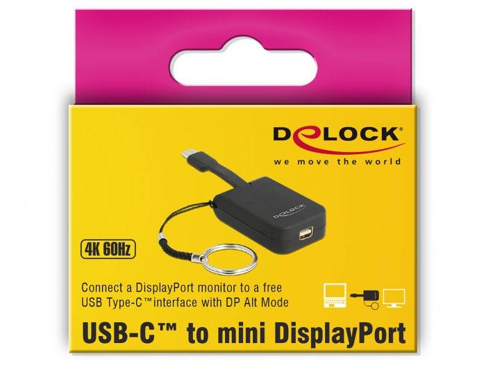 Adapter USB-C do mini-DisplayPort firmy Delock. Tekst: 'Podłącz monitor DisplayPort do wolnego interfejsu USB Type-C z trybem DP Alt Mode. 4K 60Hz.'