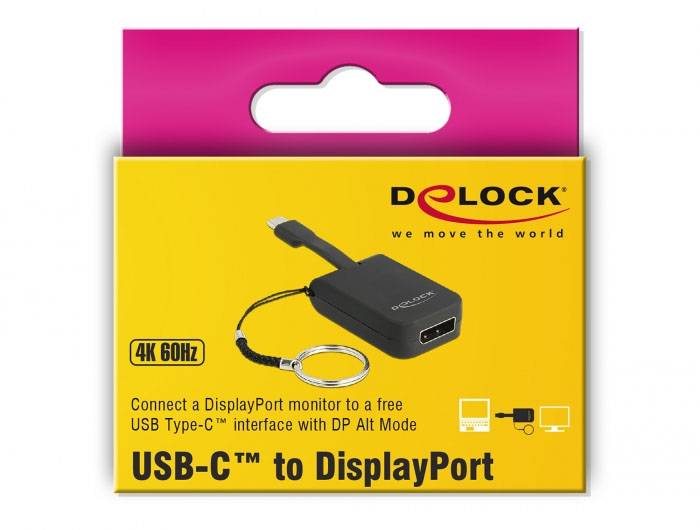 Opakowanie adaptera USB-C do DisplayPort firmy Delock, obsługujący 4K 60Hz. Przedstawia zdjęcie adaptera i logo marki 'Delock'.