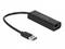 Czarny adapter USB do Ethernet z wtyczką USB po jednej stronie i portem Ethernet po drugiej stronie.