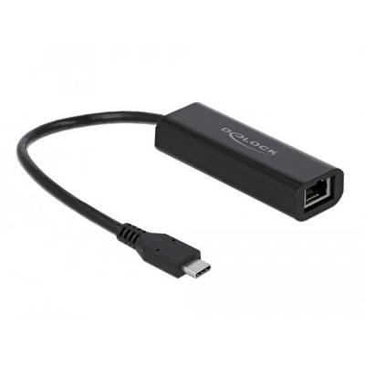Czarny adapter USB-C do Ethernet firmy Delock; umożliwia przewodowe połączenie sieciowe dla urządzeń z interfejsem USB-C.