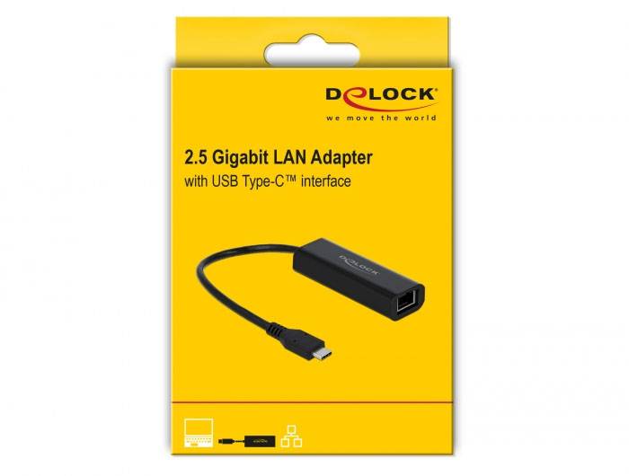Opakowanie adaptera LAN 2,5 Gigabit z złączem USB Type-C. Nazwa marki na górze, zdjęcie adaptera pośrodku.