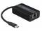 Czarny adapter USB-C do Ethernet z teksturowaną obudową, z wtyczką USB-C po lewej stronie, portem Ethernet po prawej stronie, oznaczony napisem 'DeLOCK'.