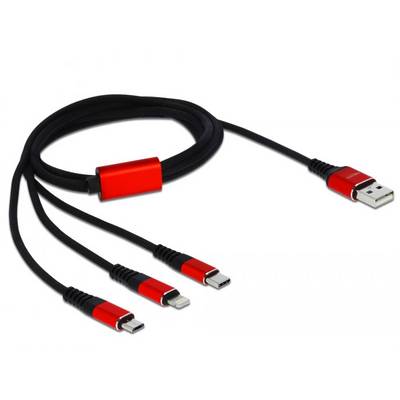 Czerwony wielofunkcyjny kabel ładujący z jednym złączem USB oraz trzema różnymi wtykami: USB-C, micro-USB i Lightning.