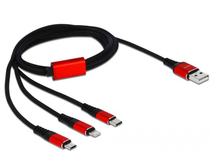 USB-кабель Delock USB 2.0 USB-A штекер, USB-C® штекер, USB Micro-B штекер, Lightning штекер, 1,00 м, черный, красный 85892