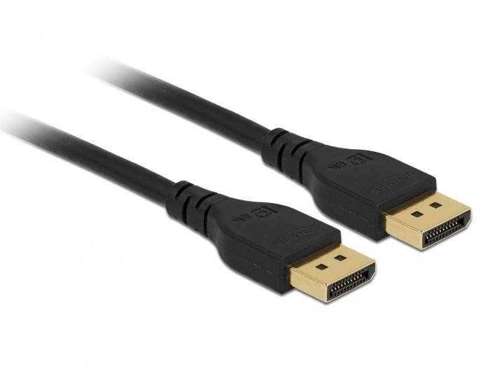 Dwa identyczne czarne kable DisplayPort ze złotymi złączami.