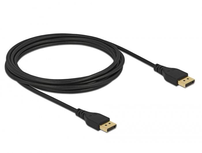 Czarny kabel DisplayPort z dwoma złączami, odpowiedni do przesyłania sygnałów wideo między komputerem a monitorem.