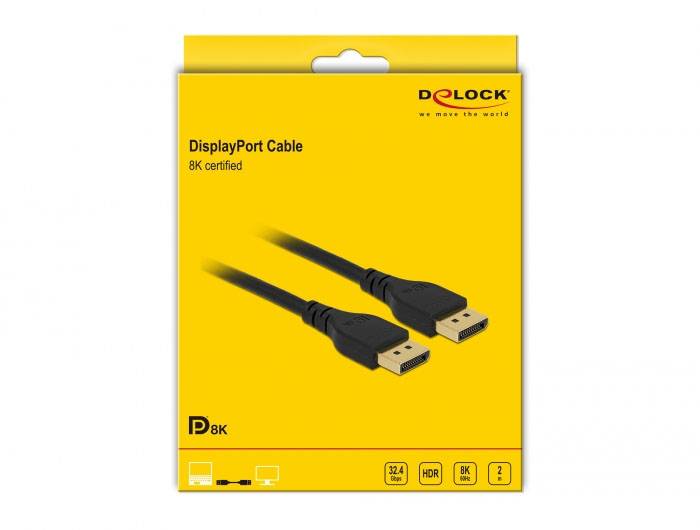 Żółte opakowanie kabla DisplayPort marki Delock, certyfikowanego dla 8K, z ilustracjami kabla oraz symbolami HDR i 8K.