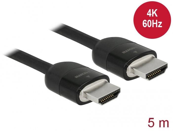 Dwa czarne kable HDMI o długości 5 metrów, przystosowane do rozdzielczości 4K i częstotliwości 60 Hz.