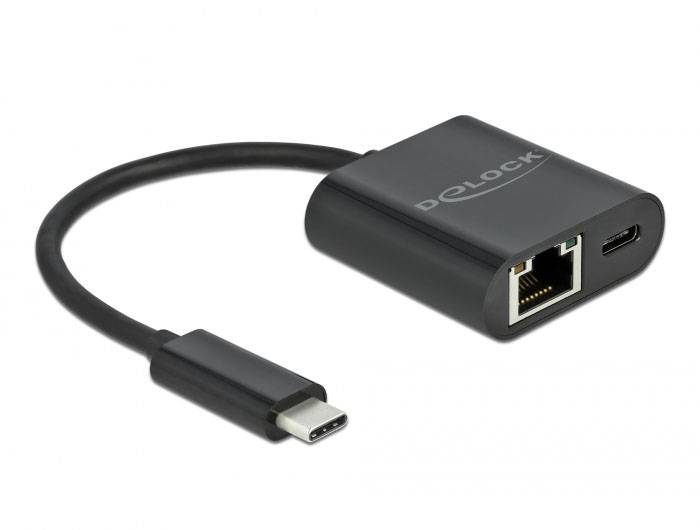 Czarny adapter z wtyczką USB-C, złączem Ethernet oraz portem USB-C. Oznaczony napisem 'Delock' na górnej powierzchni.